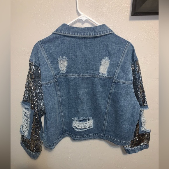 Women’s Distressed Silver Sequin Blue Denim Jacket NWT - Picture 5 of 9